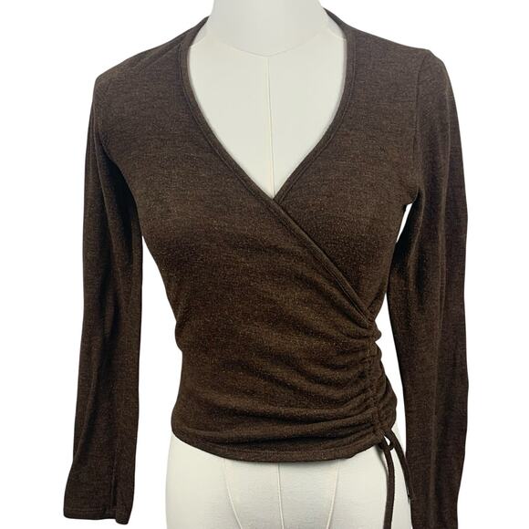 Skonhet Brown Long Sleeve Faux Wrap with Scrunch Side Size Small - Picture 1 of 7